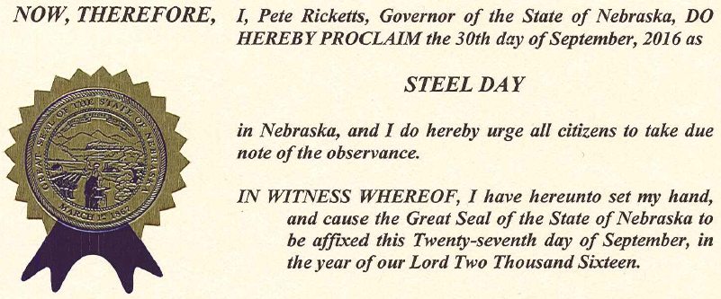 Nebraska Governor Pete Ricketts proclaims September 30, 2016 as Steel Day in Nebraska.